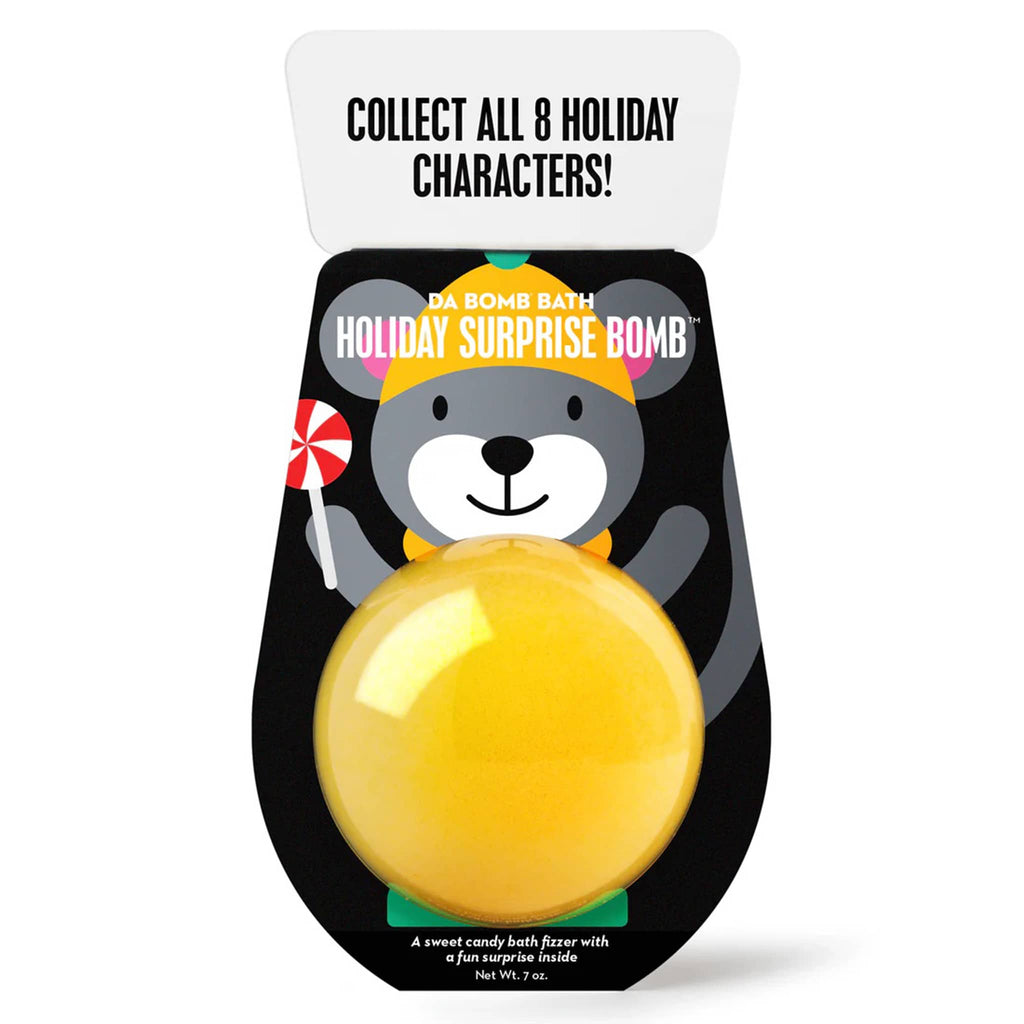 Da Bomb candy scented mouse holiday surprise yellow bath bomb fizzer in packaging, front view.