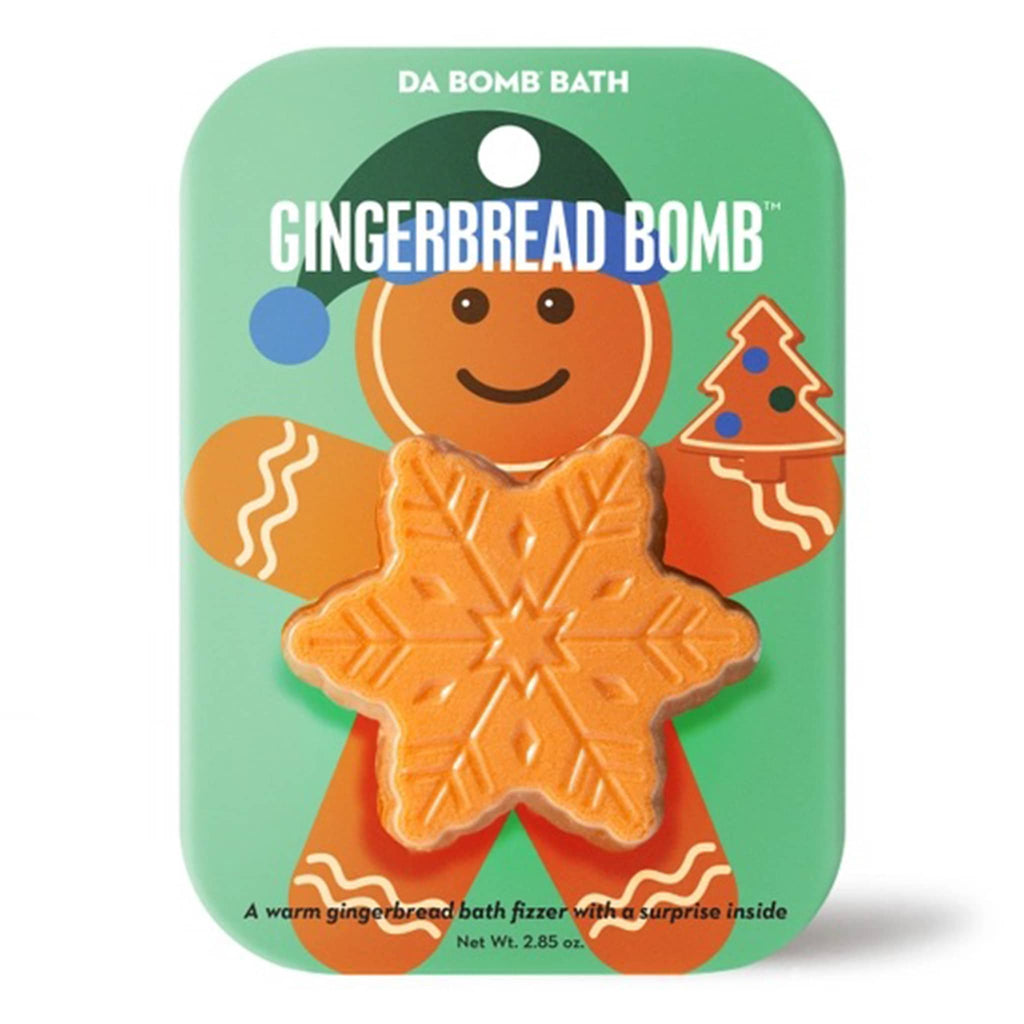 Gingerbread Bomb orange snowflake-shaped bath fizzer on a green card, on a white background.
