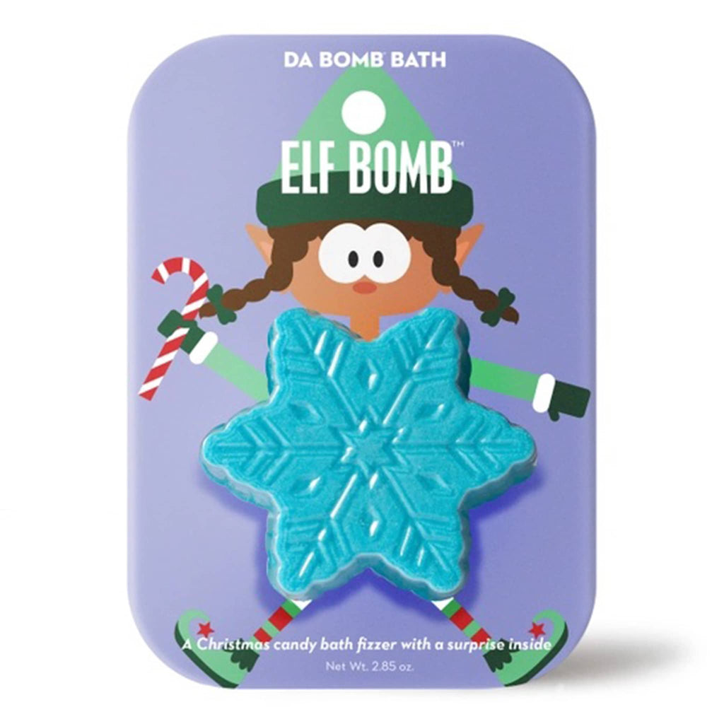 Elf Bomb blue snowflake-shaped bath fizzer on a purple card, on a white background.