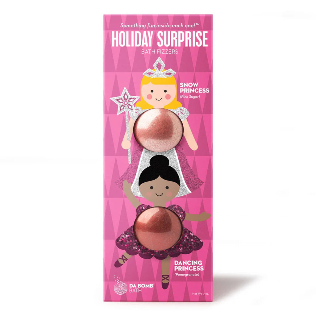 Da Bomb Snow Princess and Dancing Princess holiday surprise scented bath bomb fizzers in pink packaging, front view.