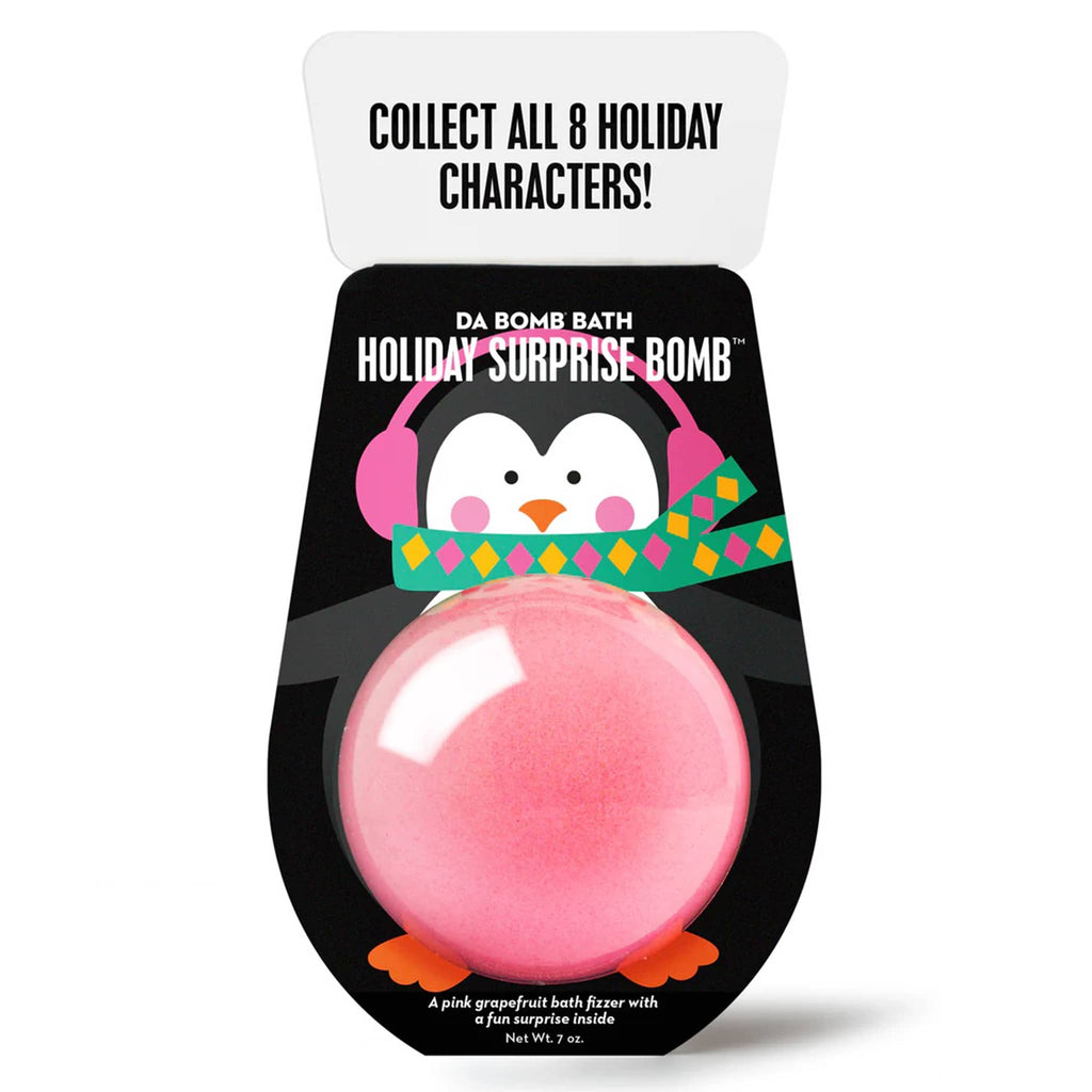 Da Bomb pink grapefruit scented penguin holiday surprise pink bath bomb fizzer in packaging, front view.