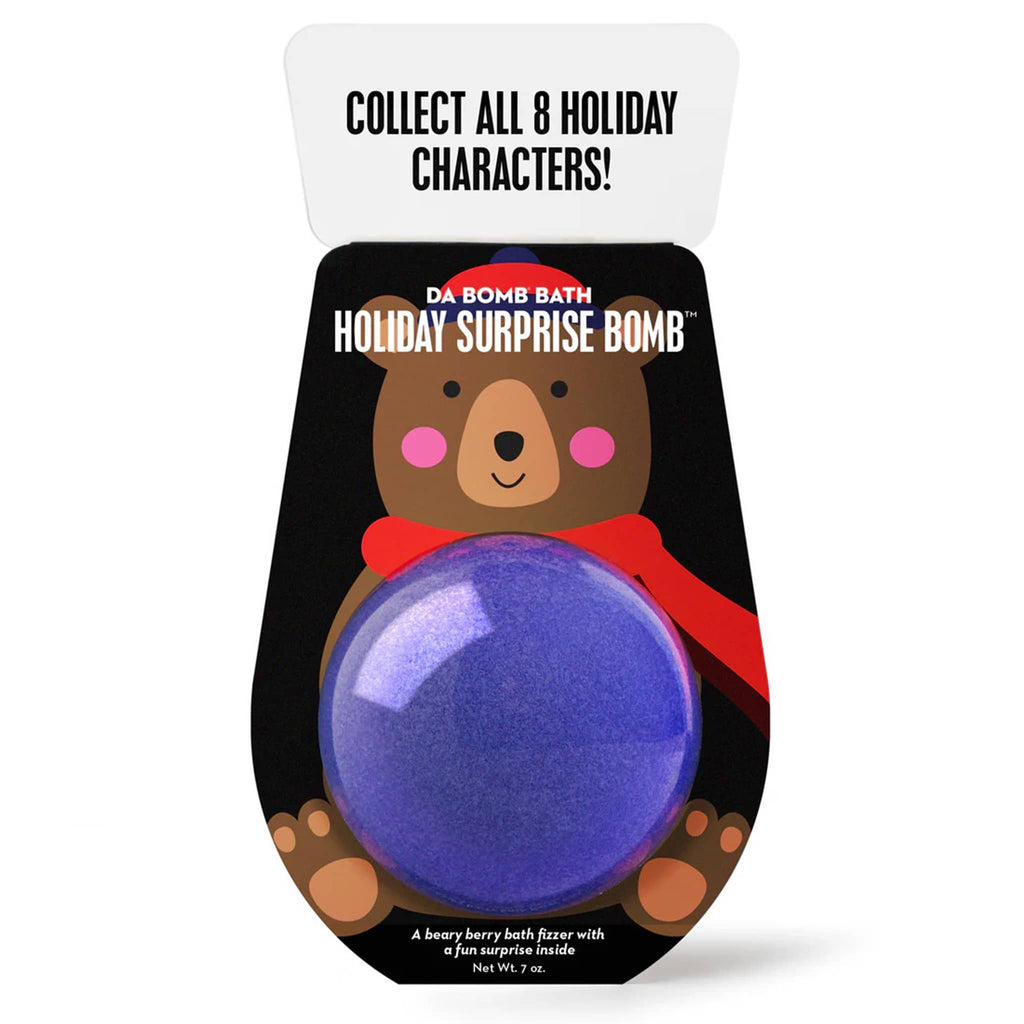 Da Bomb Berry scented bear holiday surprise purple bath bomb fizzer in packaging, front view.