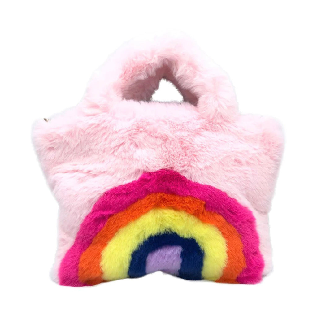 Daily Candy x Malibu Sugar pink furry purse with double handle and 4 color fuzzy rainbow accent.