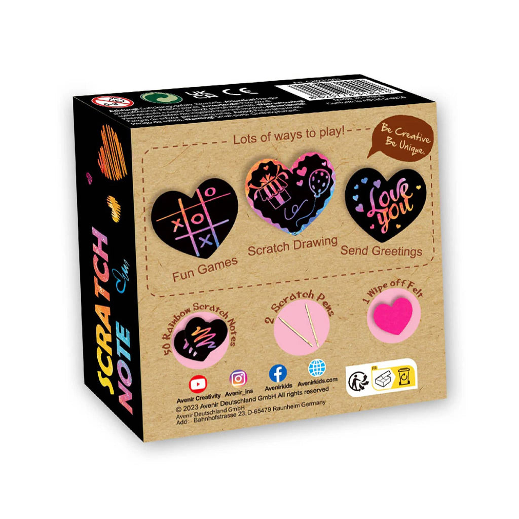 DAM Avenir Scratch note paper hearts in box packaging, back view.