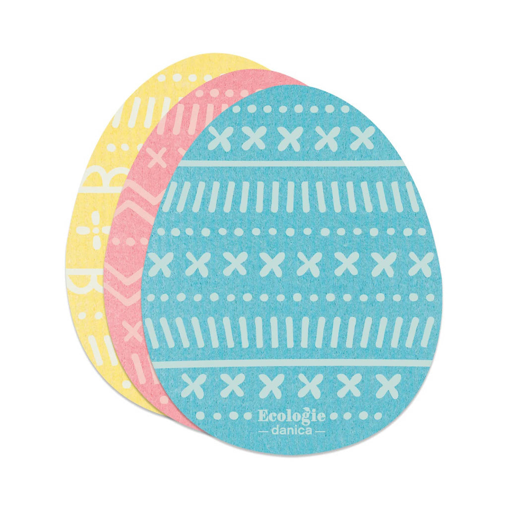 Danica Egg-Shaped Swedish Sponge Cloths, set of 3 in yellow, pink and blue with decorated egg designs.