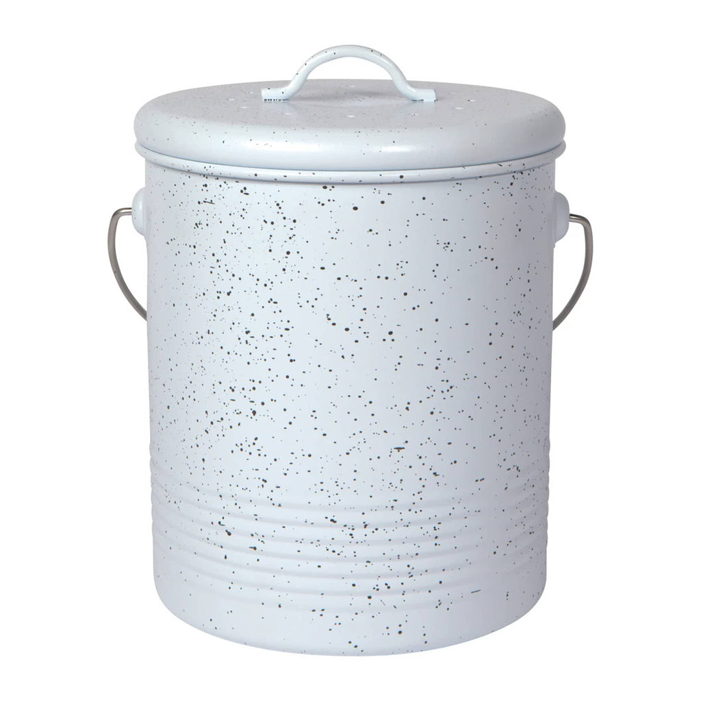 Danica Metal Compost Bin in white with gray speckles, front view.