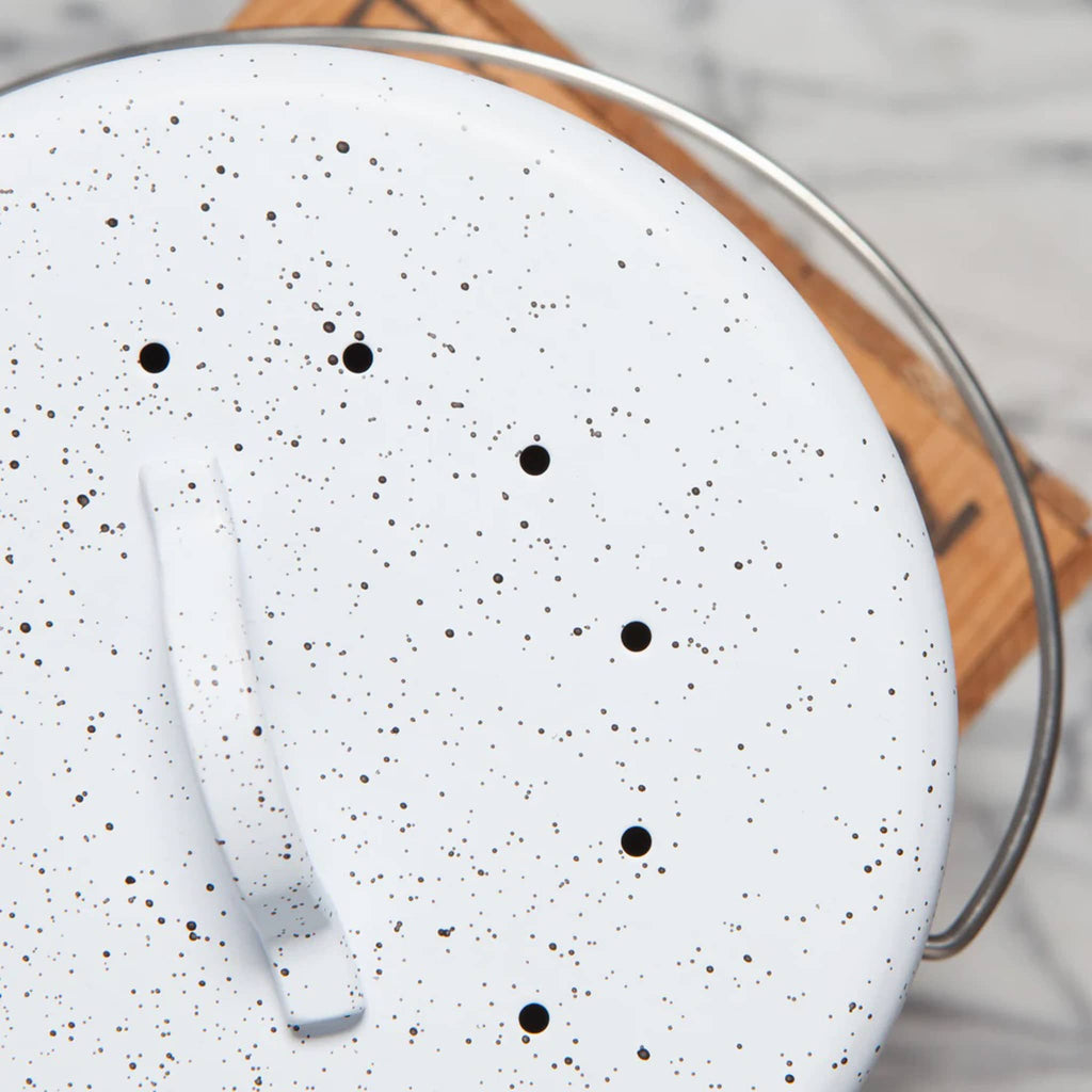 Danica Metal Compost Bin in white with gray speckles, top view showing vent holes in lid.