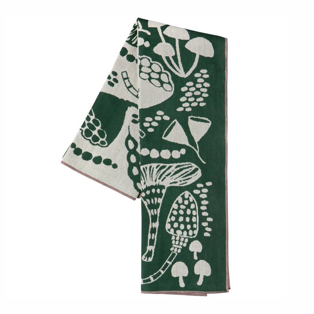Wildgrove Two-sided dish towel with green and white mushroom print, folded to see both sides.