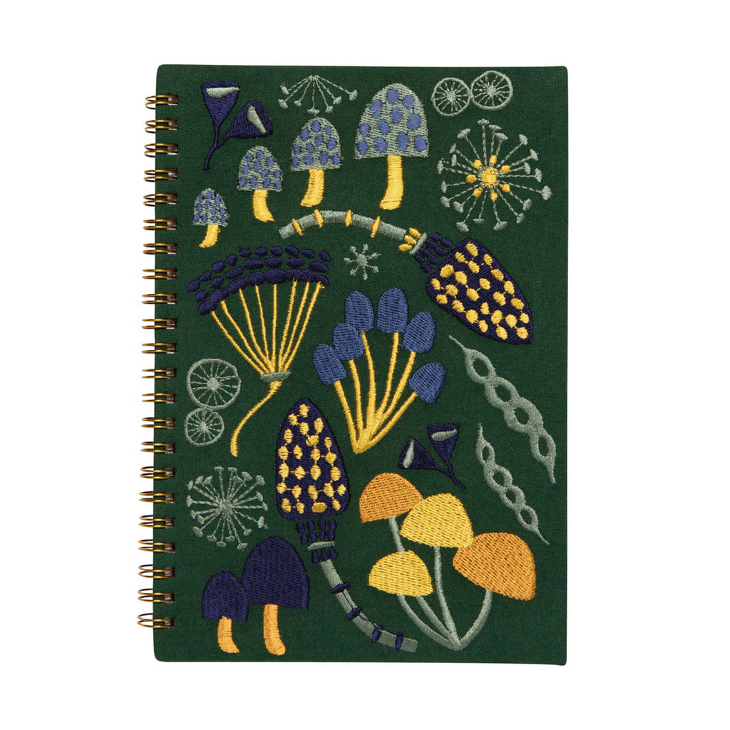 Wildgrove embroidered notebook with blue green and yellow mushrooms on a green background, front view on a white background.