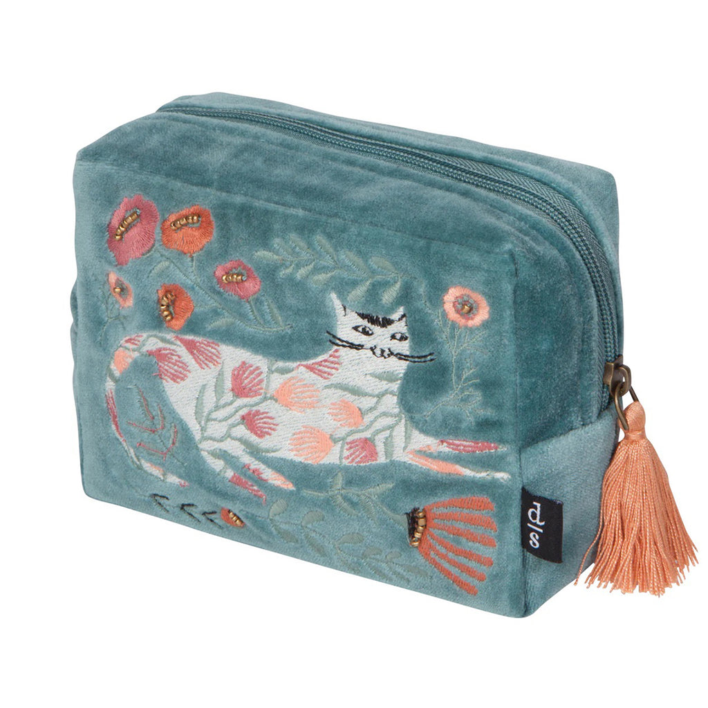 Danica Catbloom embroidered cotton velvet pouch, front angle view.