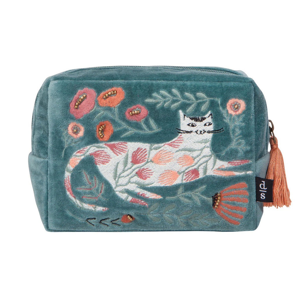 Danica Catbloom embroidered cotton velvet pouch, front view.