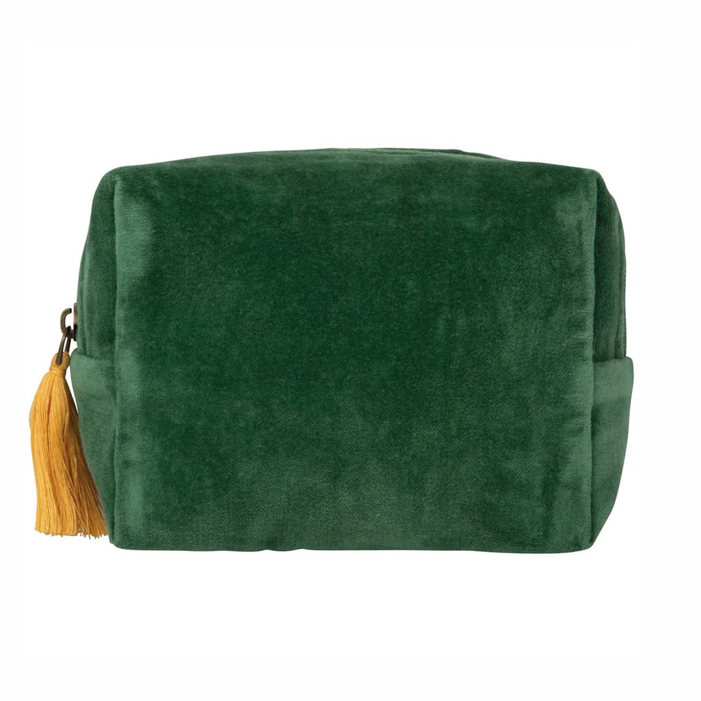 Green velvet pouch with a yellow tassel, back view, on a white background.