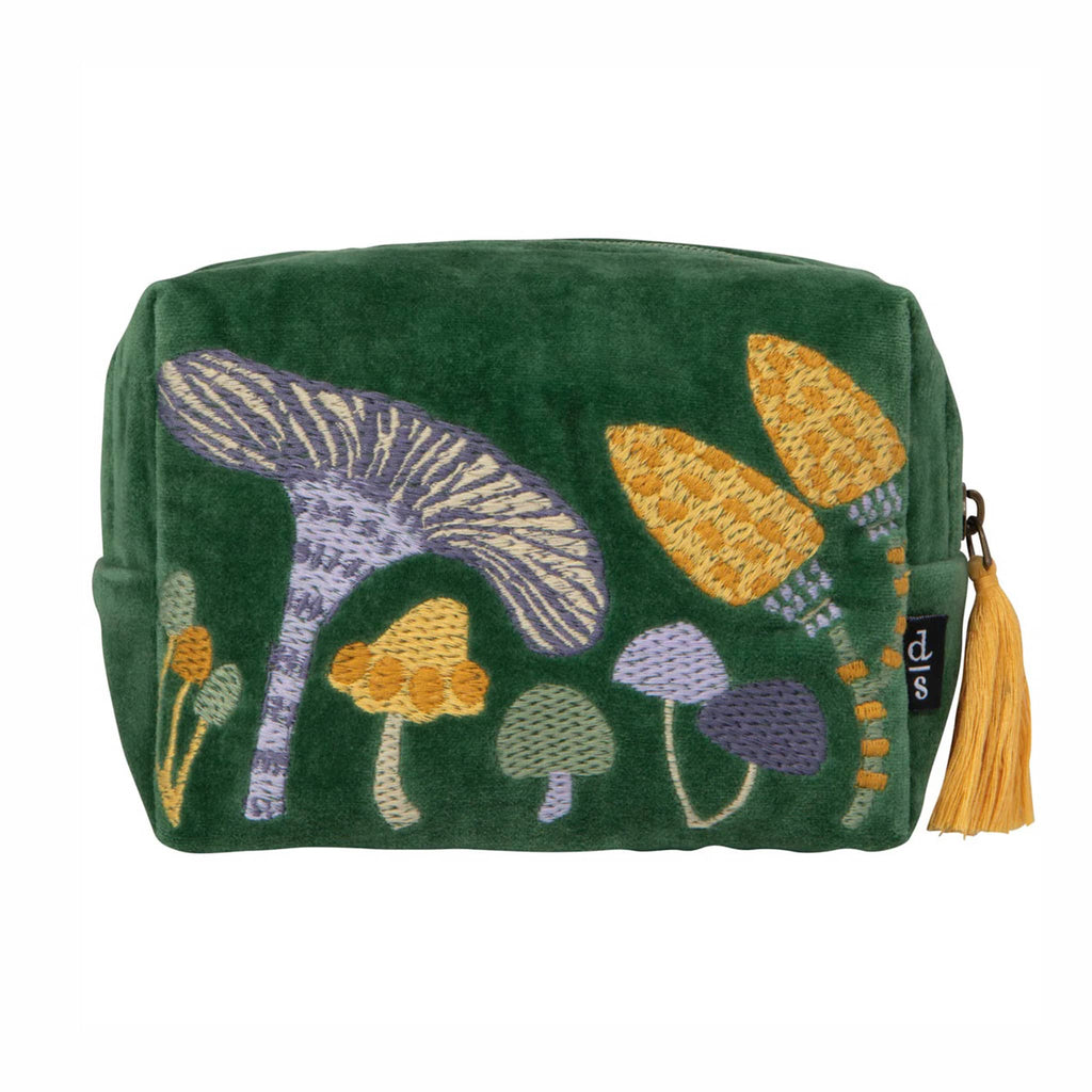 Green velvet pouch with embroidered mushroom designs and a yellow tassel, front view, on a white background.