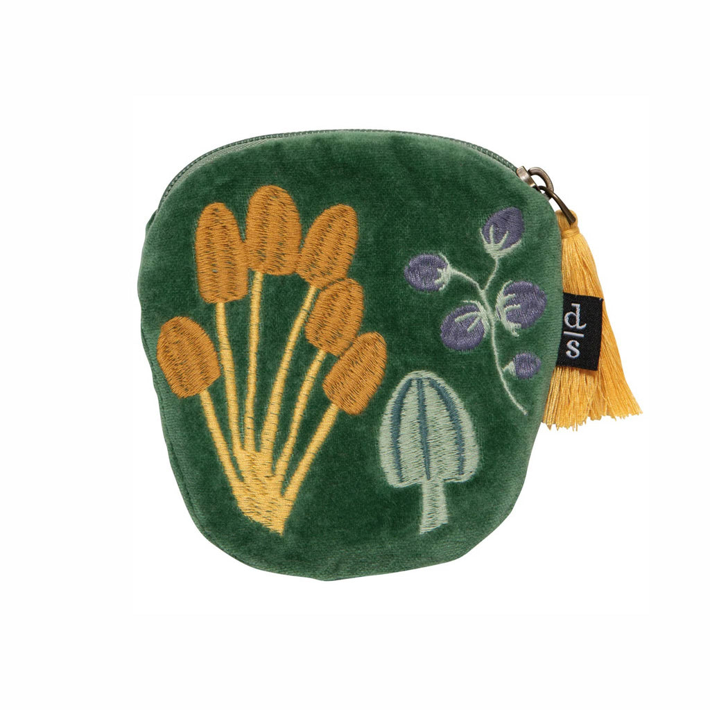 Green velvet coin pouch with embroidered mushroom designs and a yellow tassel, on a white background.