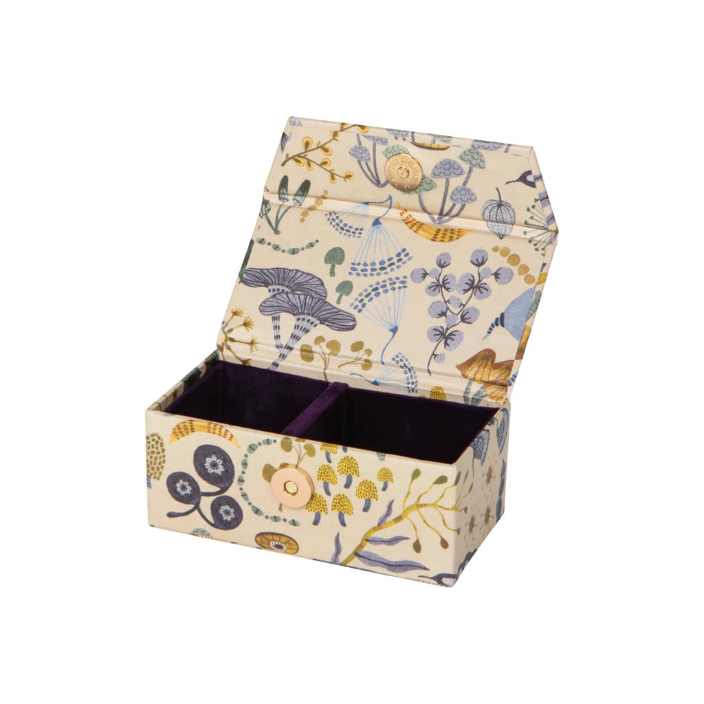 Rectangular travel jewelry box with mushroom pattern, lid open, on a white background.