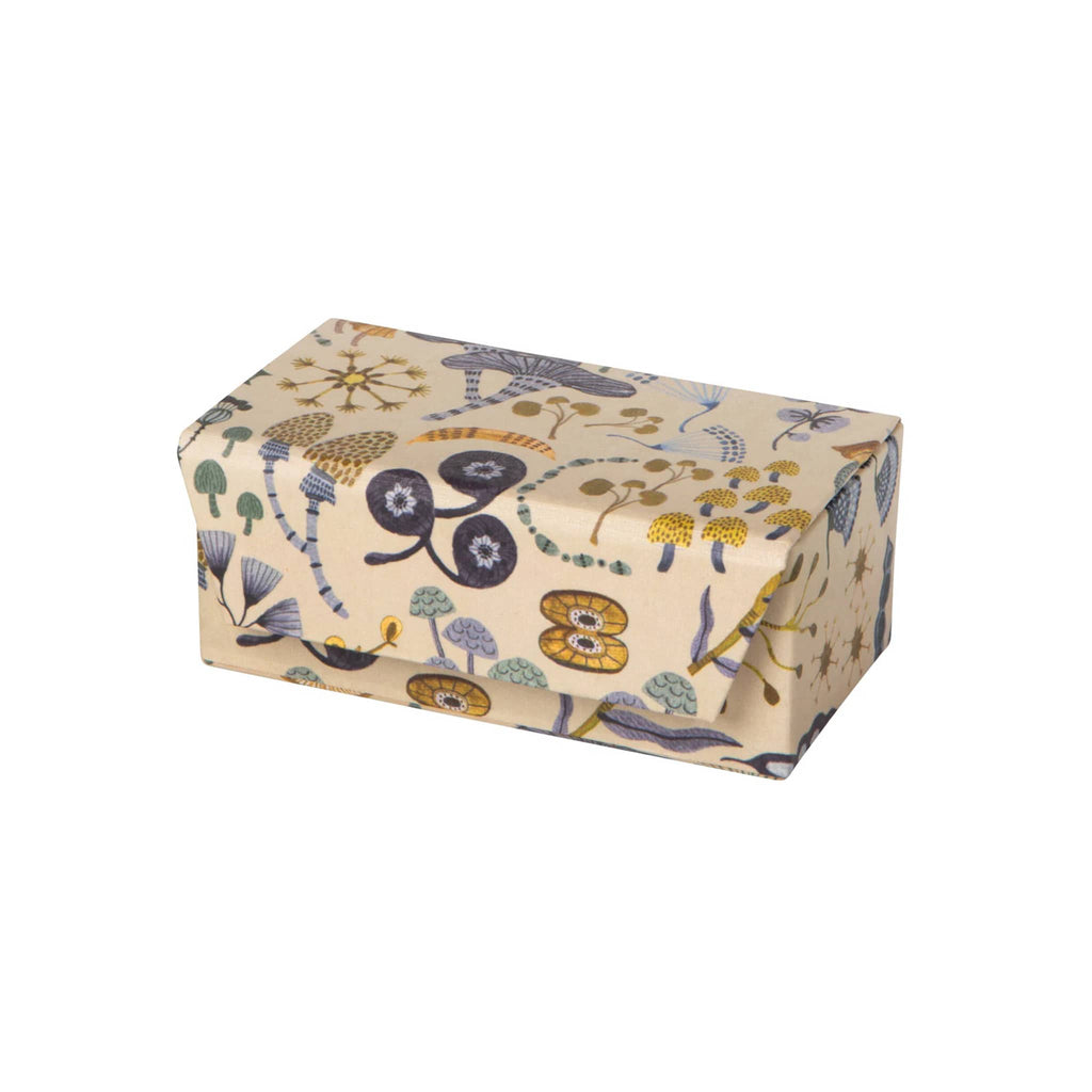 Rectangular travel jewelry box with mushroom pattern on a white background.