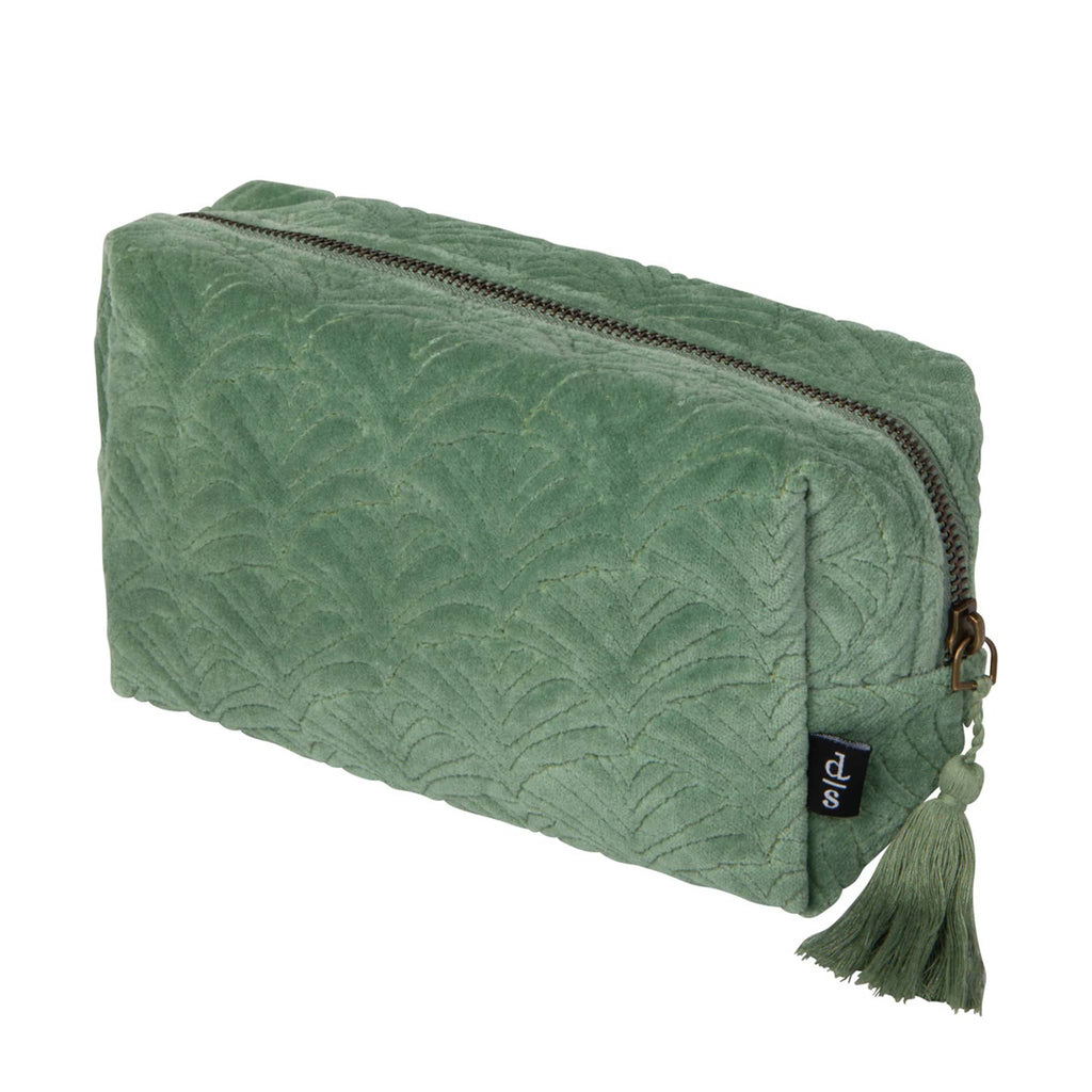 Jade green quilted velvet pouch with a tassel, front angle view, on a white background.
