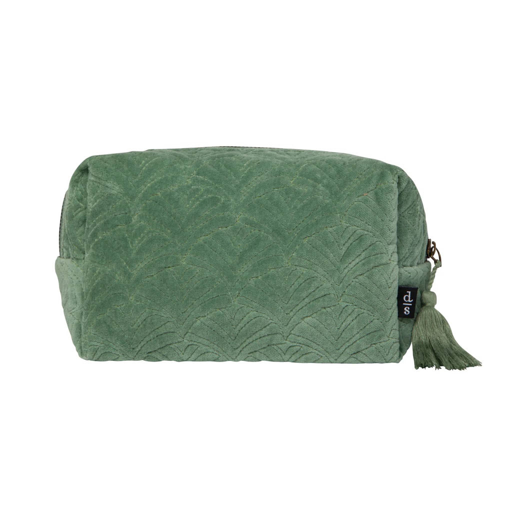Jade green quilted velvet pouch with a tassel, front view, on a white background.