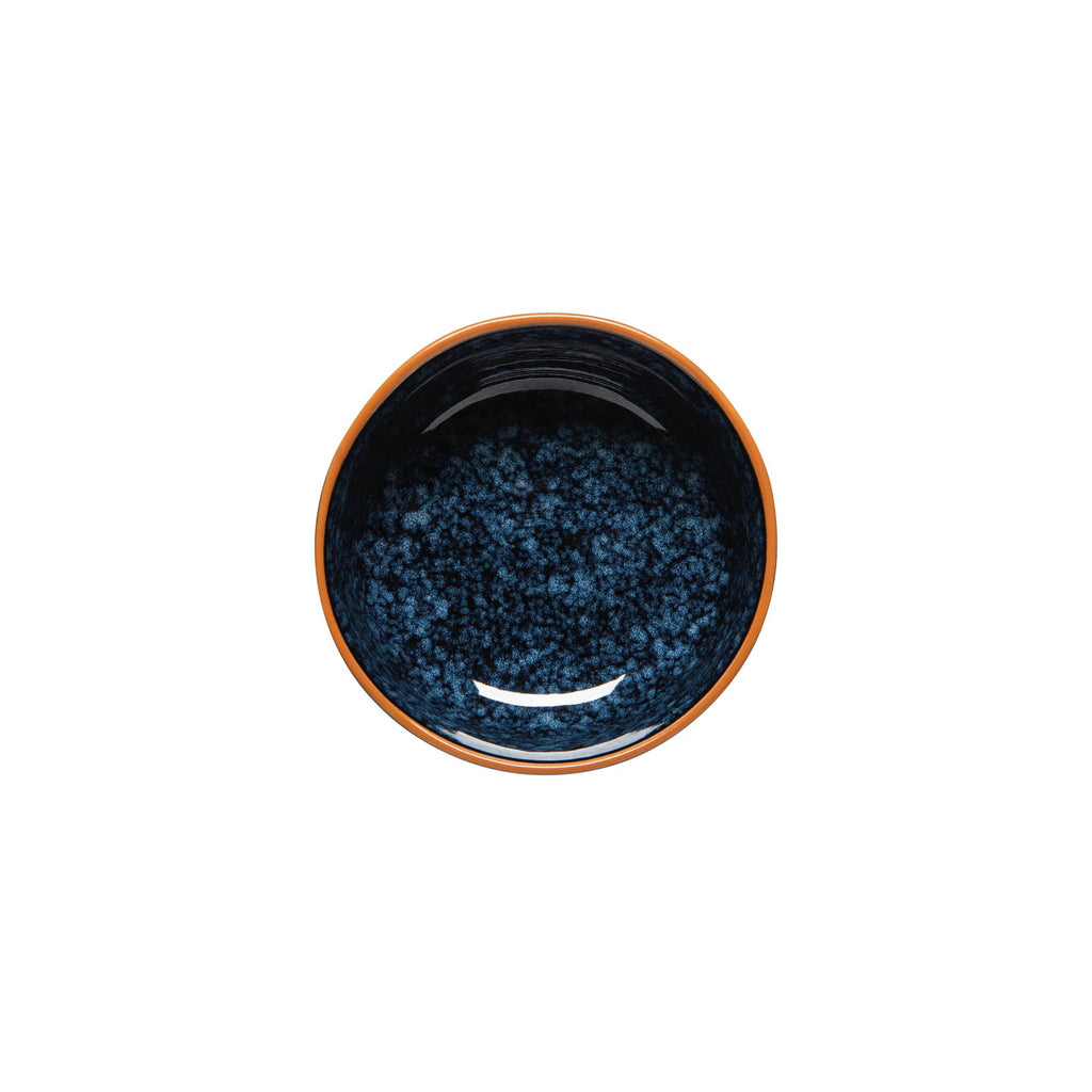 Ceramic bowl with blue interior and brown rim on a white background.