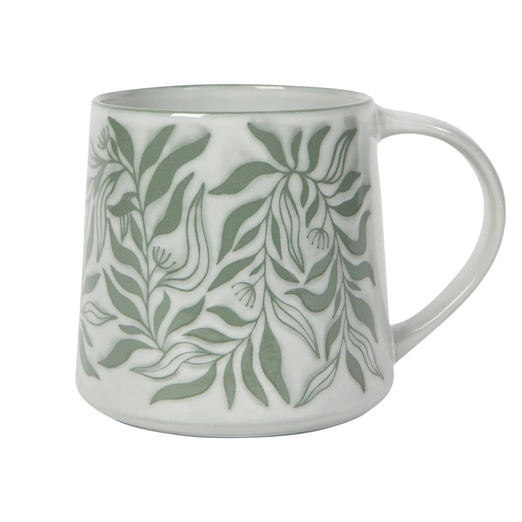 Danica Willow Berryvine Stoneware Mug with green leaf print on a white backdrop, handle on right.