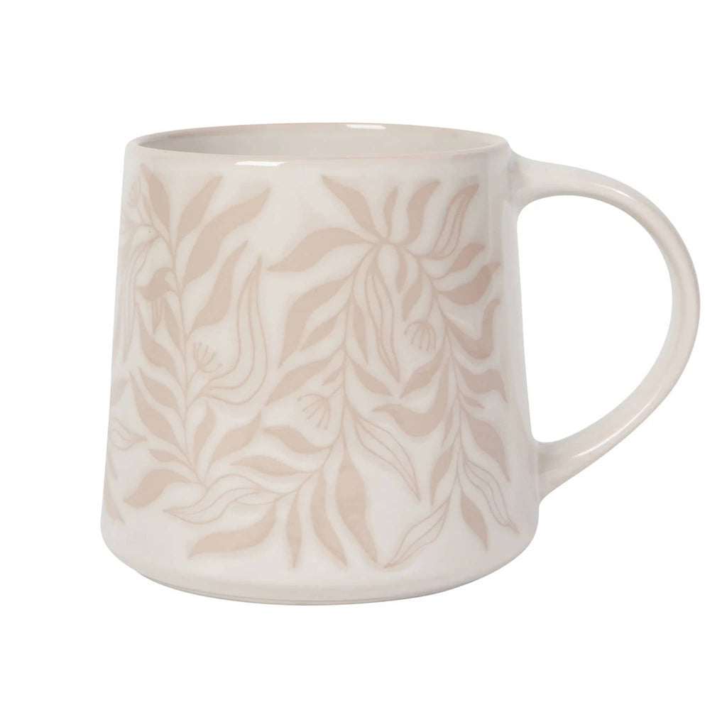 Danica Driftwood Berryvine Stoneware Mug with beige leaf print on a white backdrop, handle on right.