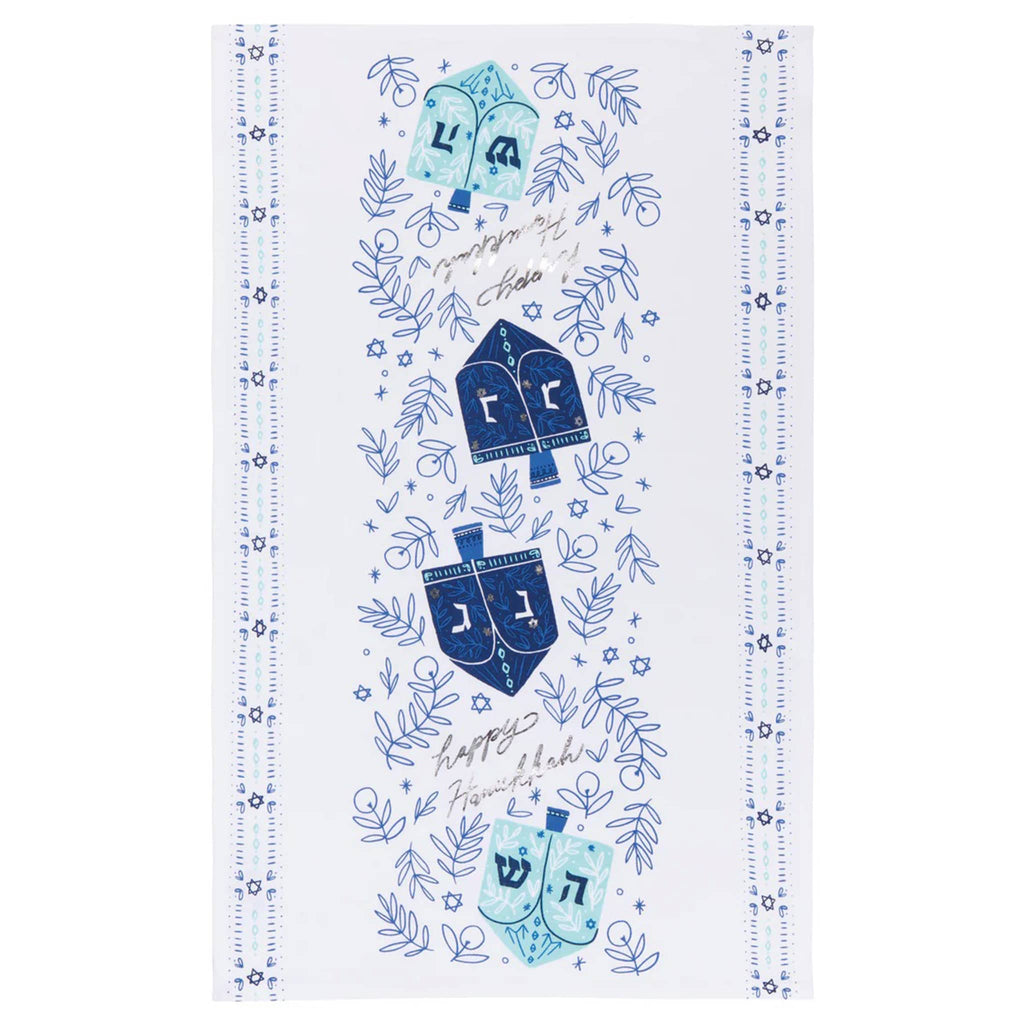Decorative dishtowel with blue dreidels and star patterns on a white background.