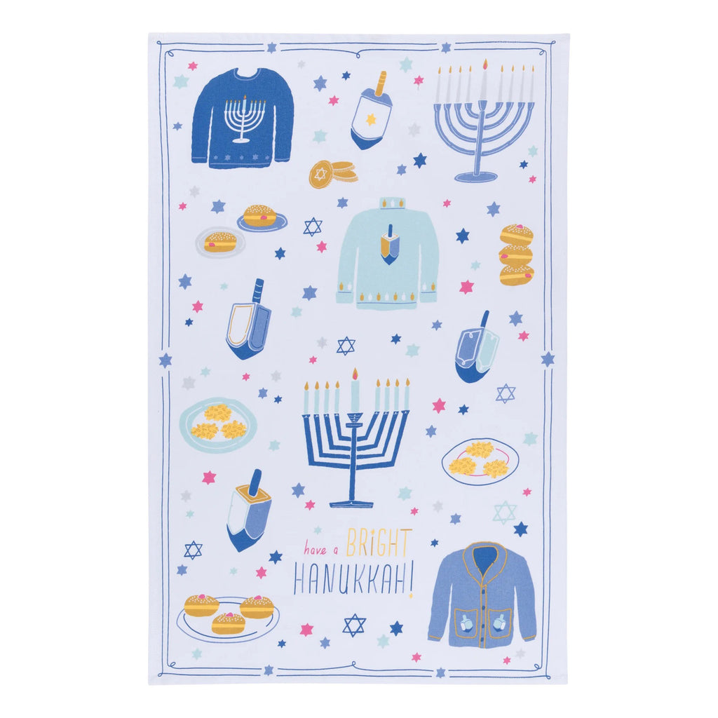 Danica Bright Hanukkah white dishtowel with Hanukkah related illustrations in blue and yellow, including a dreidel, menorah, gelt, jelly doughnuts and sweaters.