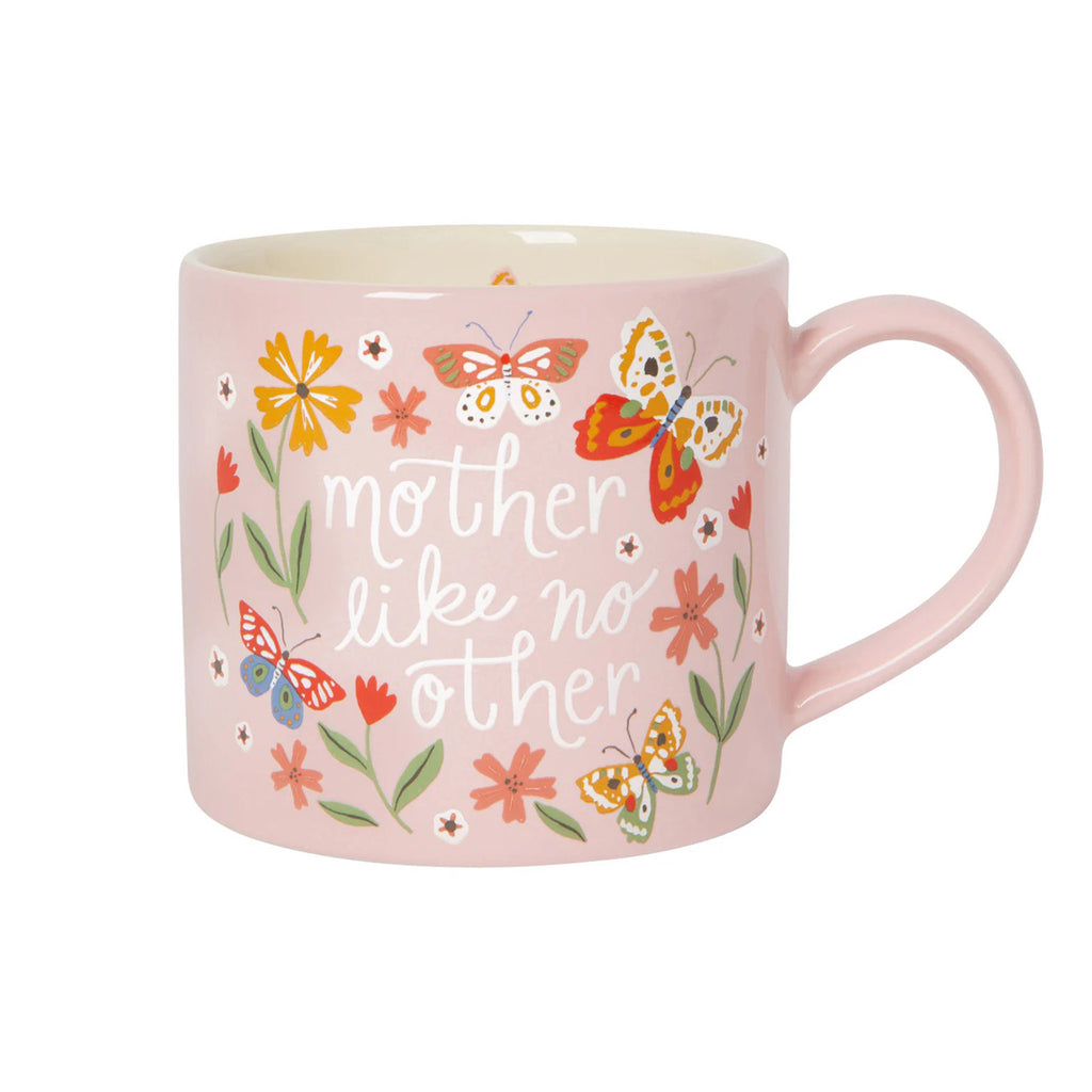 Danica pink stoneware mug with "mother like no other" in white lettering surrounded by colorful butterflies and flowers, handle is on the right.