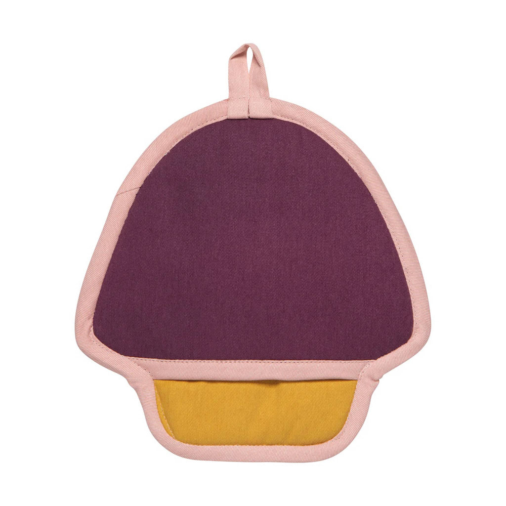 Mushroom-shaped pot holder, back view with purple top and yellow bottom on a white background.