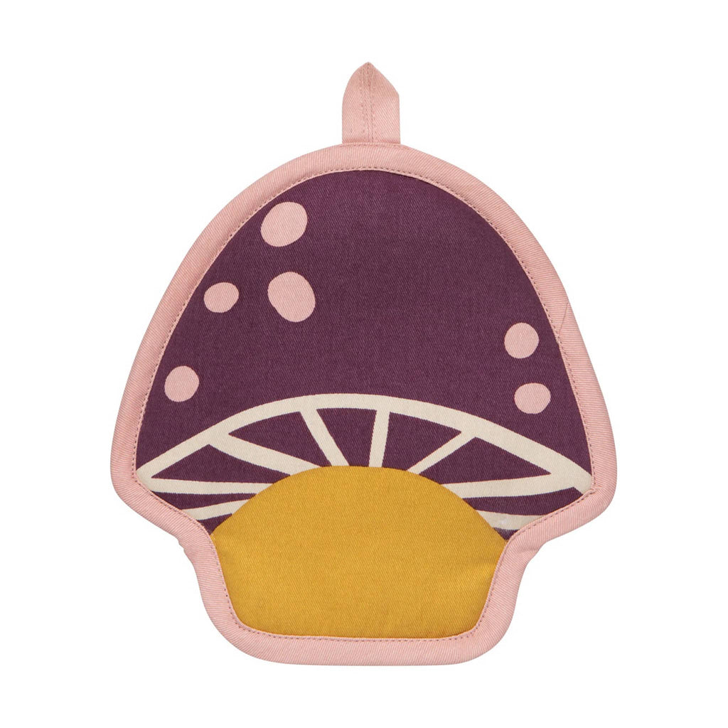 Mushroom-shaped potholder with purple, pink, and yellow colors on a white background.