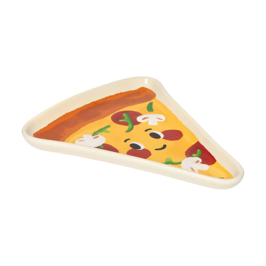 Ceramic pizza slice shaped serving trinket dish, side view, on a white background.