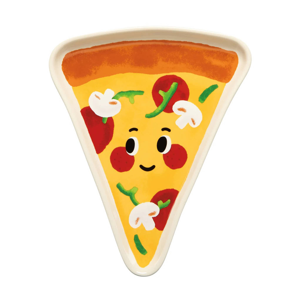 Ceramic pizza slice shaped serving trinket dish on a white background.