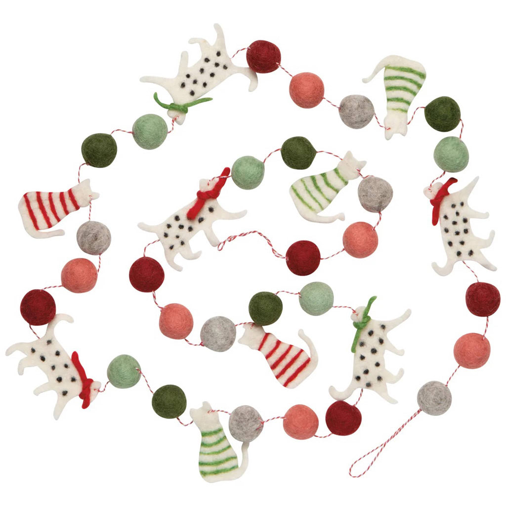 Decorative garland with small white cat figures and colorful balls, with hanging loops at both ends, on a white background.
