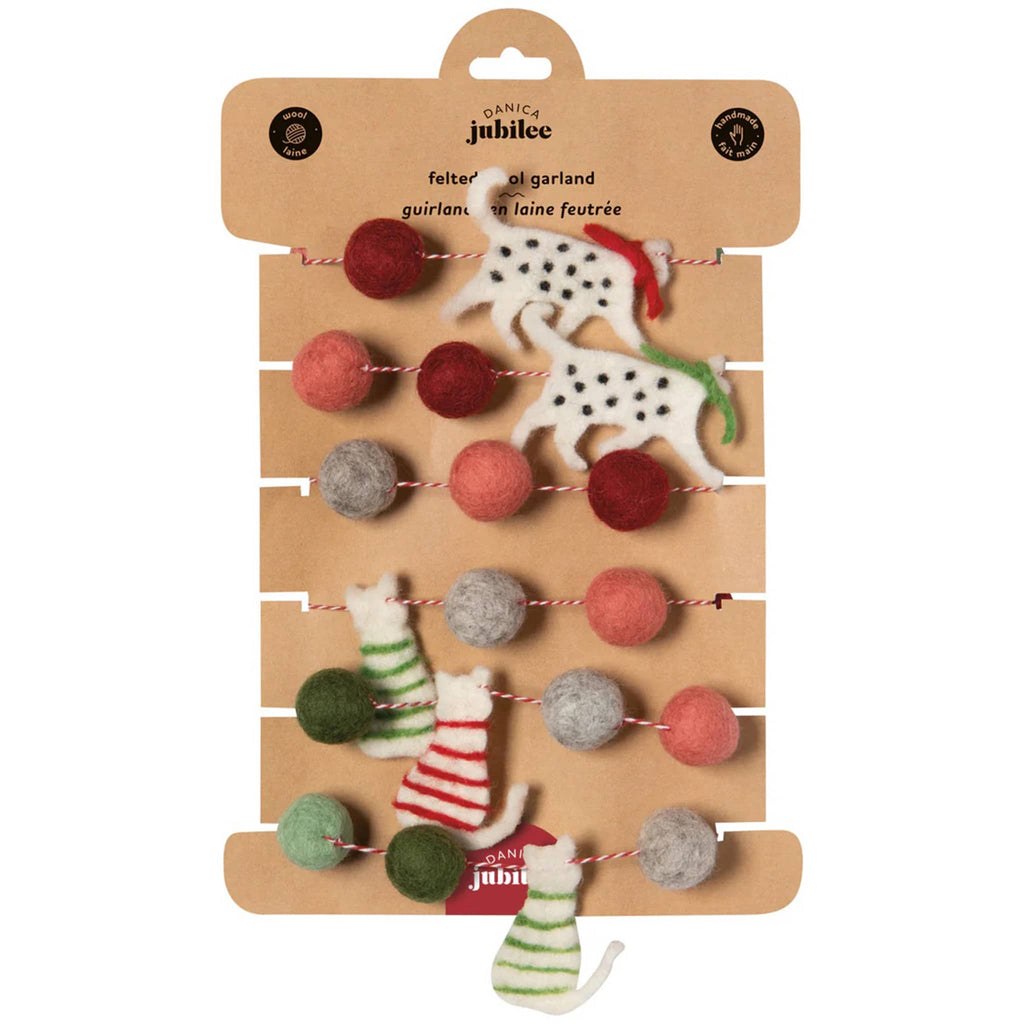 Decorative garland with small white cat figures and colorful balls, with hanging loops at both ends, on hanging card packaging, on a white background.