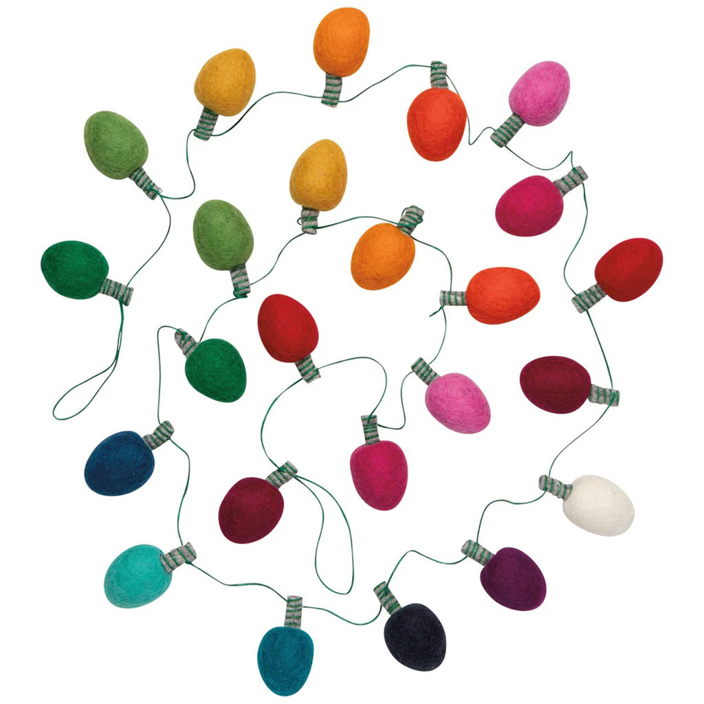 Decorative garland with colorful wool felt christmas light bulbs, with hanging loops at both ends, coiled on a white background.