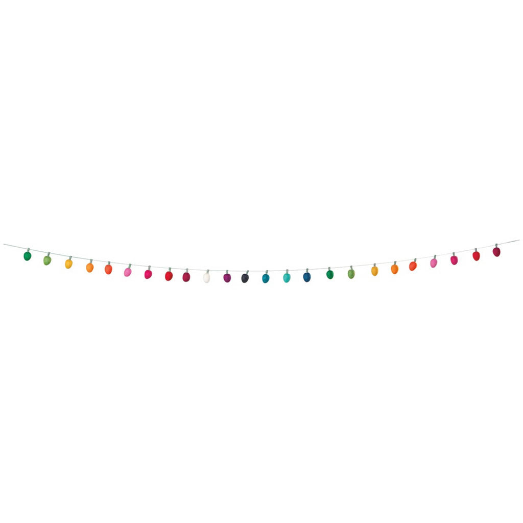 Decorative garland with colorful wool felt christmas light bulbs, with hanging loops at both ends, stretched out on a white background.