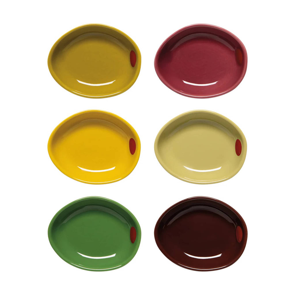 Set of six colorful ceramic olive-inspired pinch bowls on a white background.