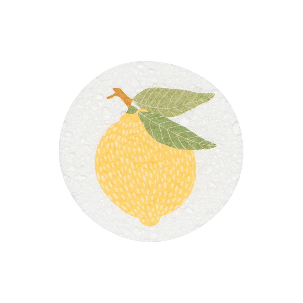 Danica Market Day compostable dish sponge with yellow lemon design.