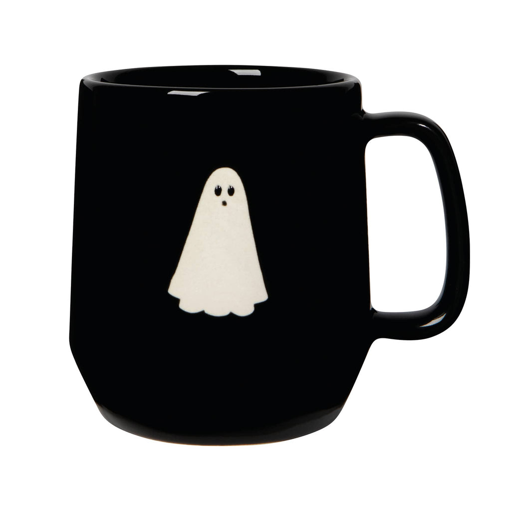 Large black stoneware mug with a white ghost illustration, handle on right, on a white background.