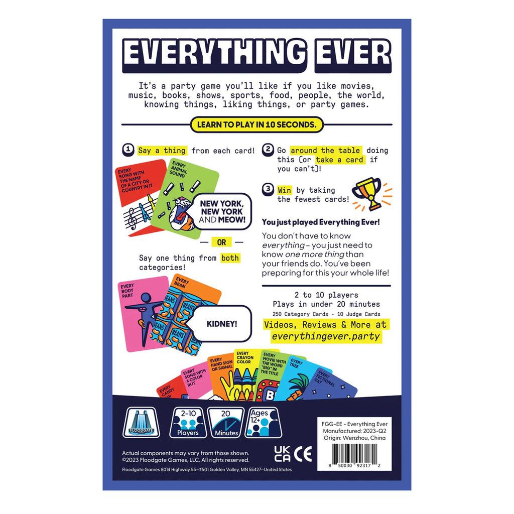 Dara Studios x Floodgate Games Everything Ever: the party game you've been preparing for your whole life, card game in yellow box packaging, back view with description, information and instructions.