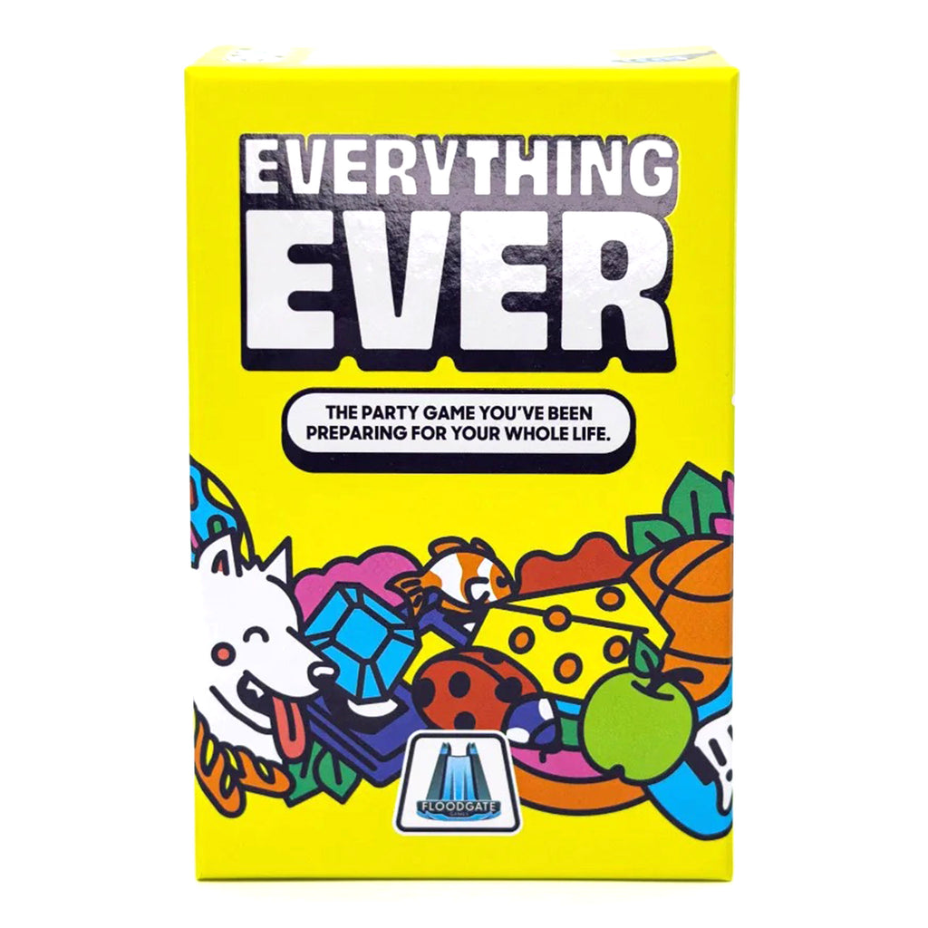 Dara Studios x Floodgate Games Everything Ever: the party game you've been preparing for your whole life, card game in yellow box packaging, front view.