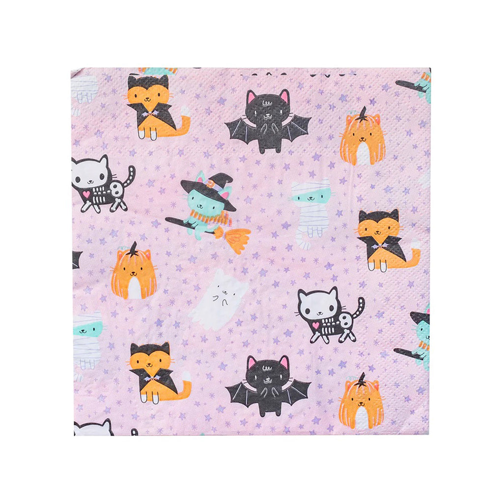 Daydream Society x Hello!Lucky Meowloween large paper Halloween party napkins with cats as a skeleton, bat, pumpkin, witch, mummy and a vampire on a pink backdrop.