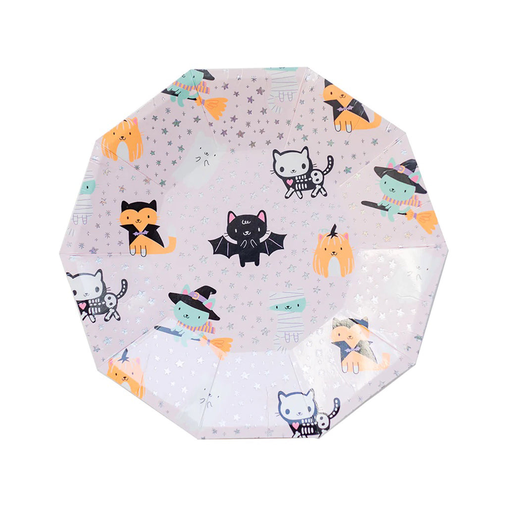 Daydream Society x Hello!Lucky Meowloween small paper Halloween party plates with cats as a skeleton, bat, pumpkin, witch, mummy and a vampire on a pink backdrop.