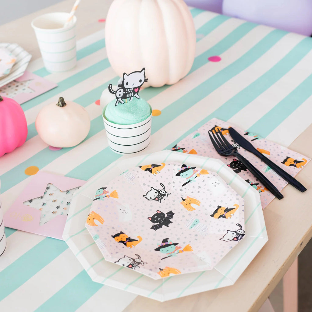 Daydream Society x Hello!Lucky Meowloween small paper Halloween party plates with matching napkins at a table place setting.