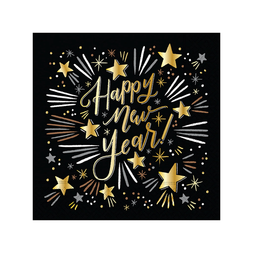 Design Design Sparkling Happy New Year black paper party napkins with gold foil.