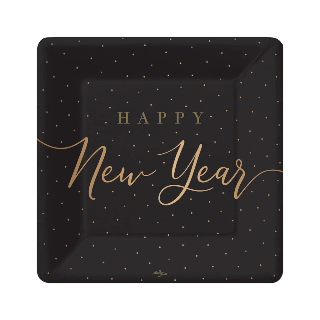 Design Design Solid Gold Happy New Year large paper party dinner plate.