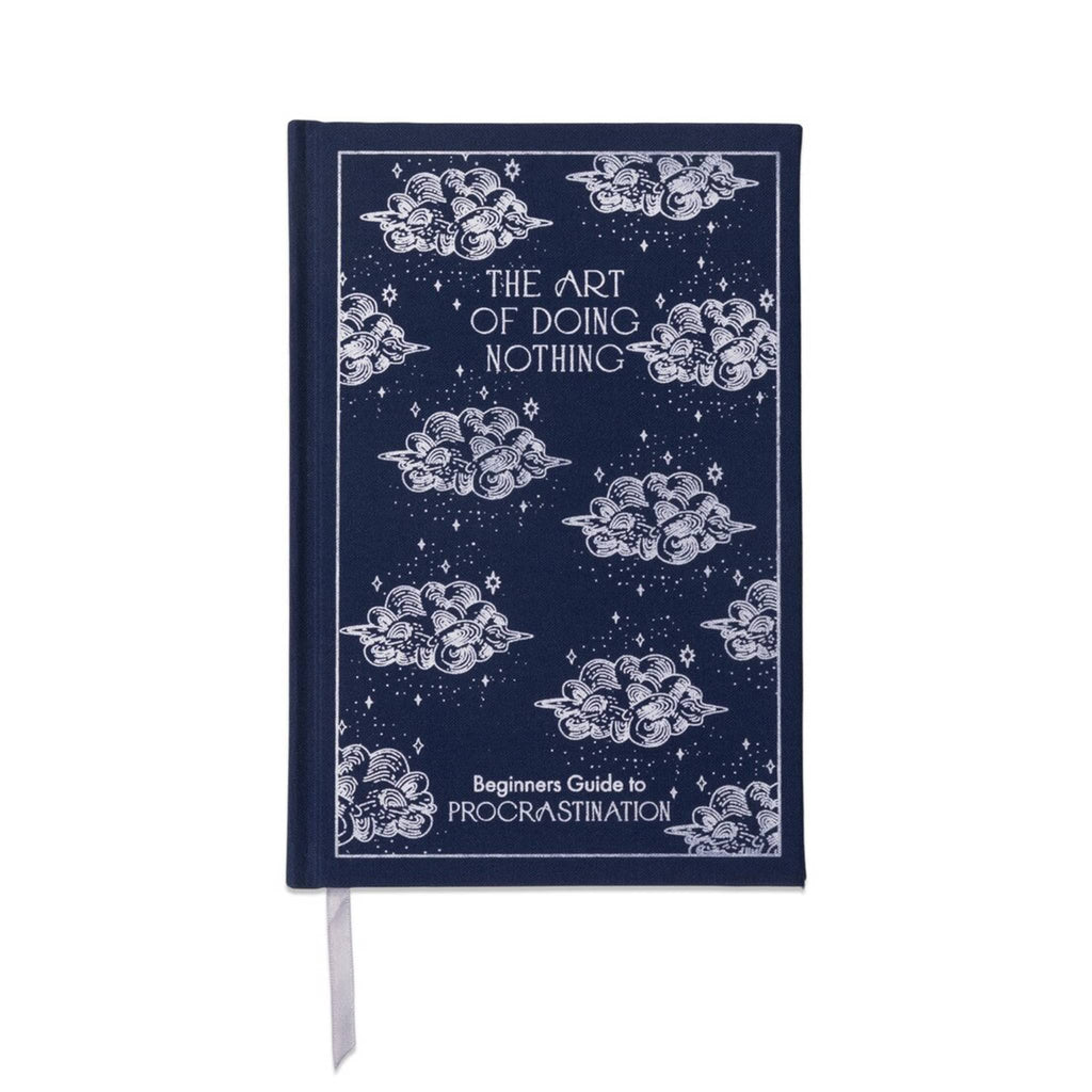 Navy blue notebook with white text and illustrations on a white background.