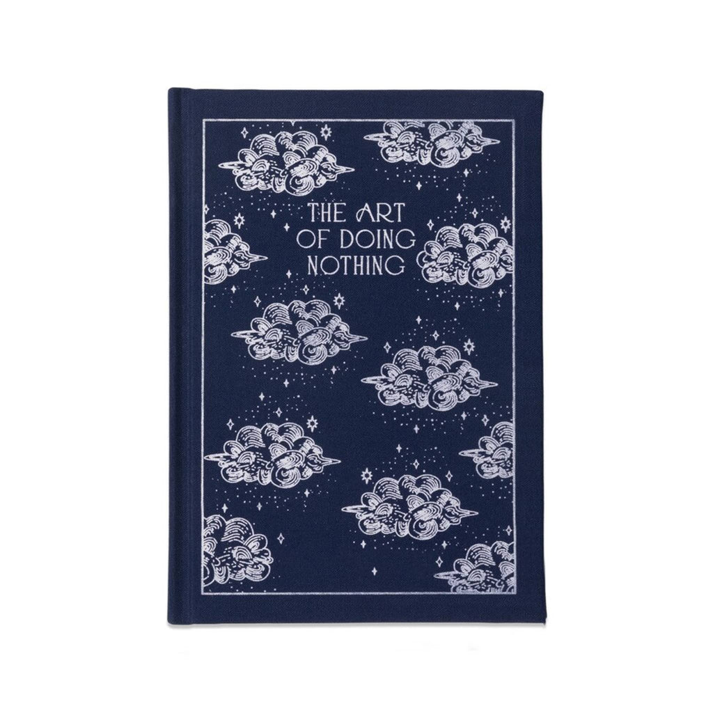 Navy blue notepad with white cloud designs and text on a white background.