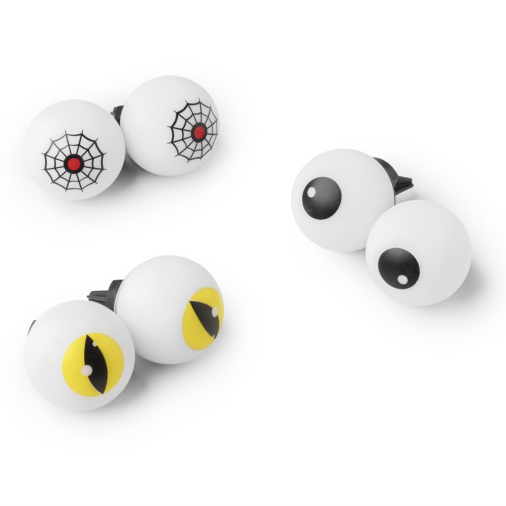 DM Merchandising Witching Hour Color-Changing Light-Up Pumpkin Eyeballs in 3 styles, spider webs, silent stare and monster (clockwise from top left).