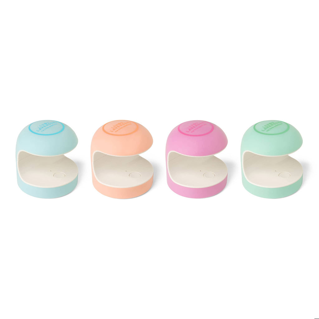 4 gel nail lamps in pastel blue, orange, pink and green on a white background.